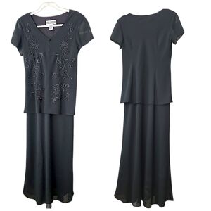 Vintage Jessica Howard Black Embroidered Beaded V-Nneck Maxi Dress Size 10